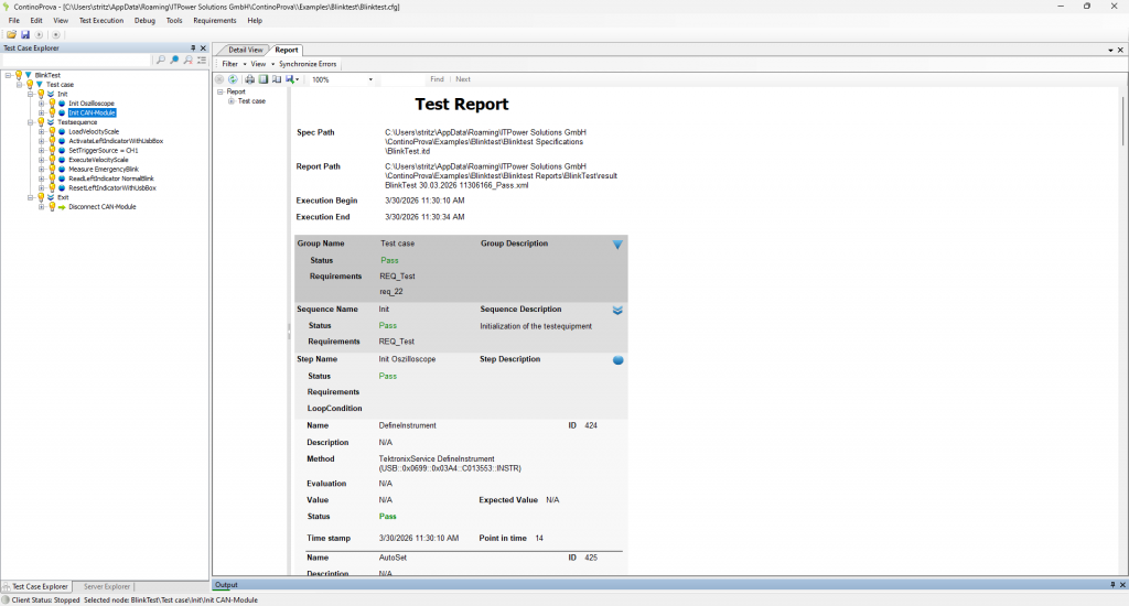 Testreport im Testtool ContinoProva