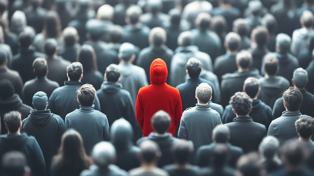 Mensch in einer grauen Menge, farblich rot abgesetzt