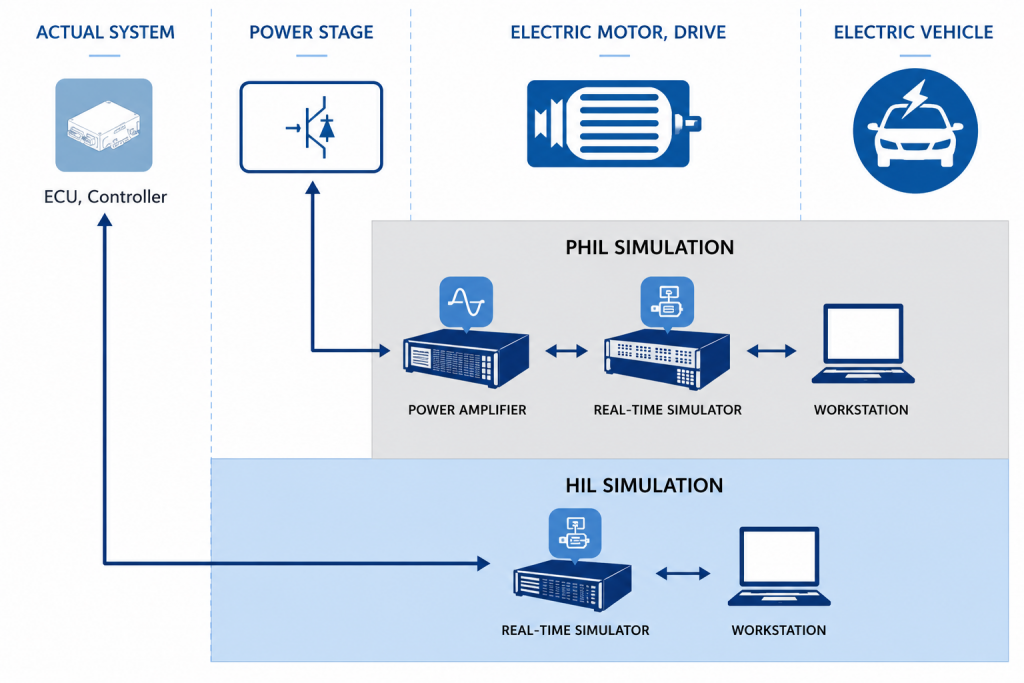 Schematische Darstellung der Unterschiede zwischen Power HiL und klassisschen HiL Testständen